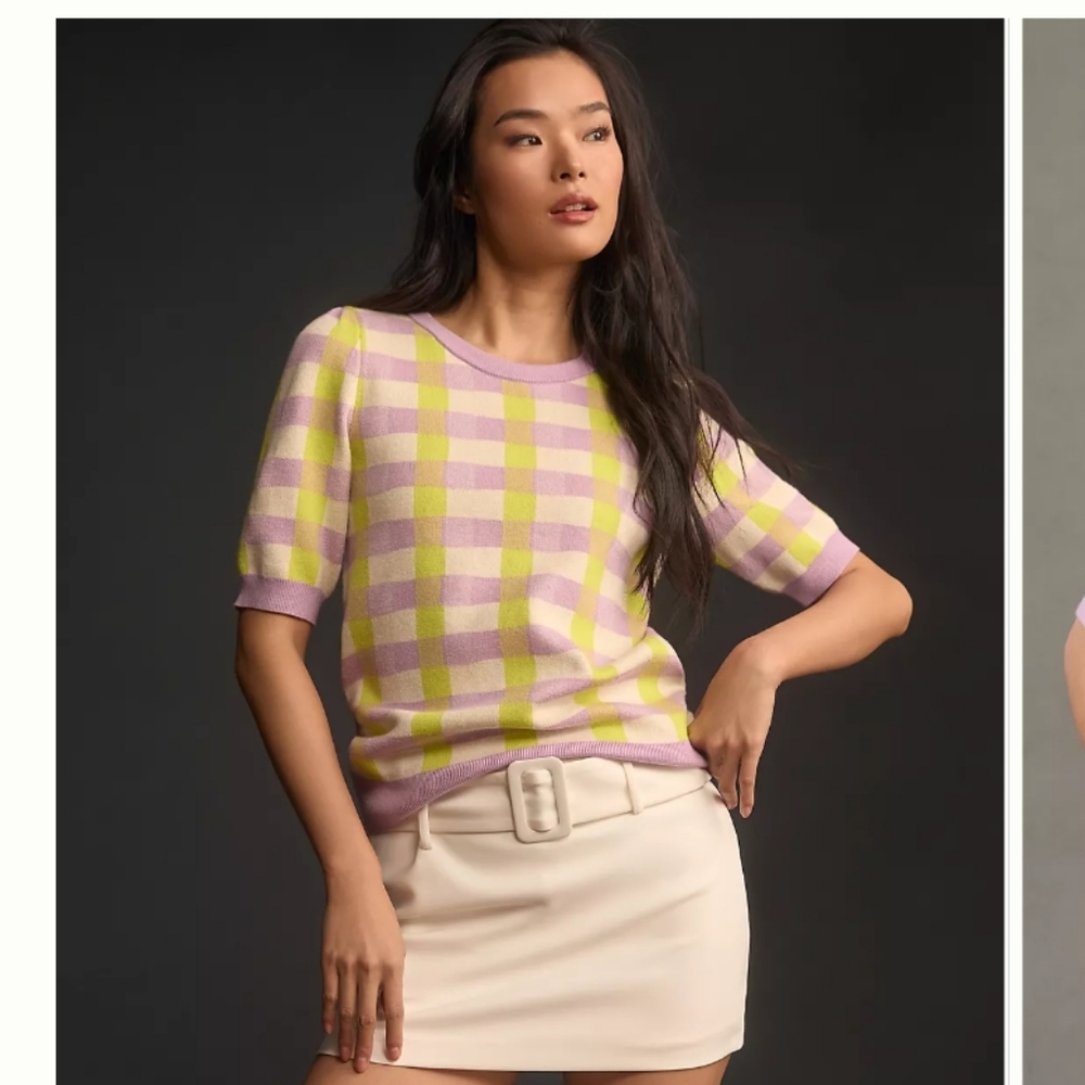 Anthropologie Plaid Lavender Lime Harmon Jacquard Sweater WornonTV Anita Yokota